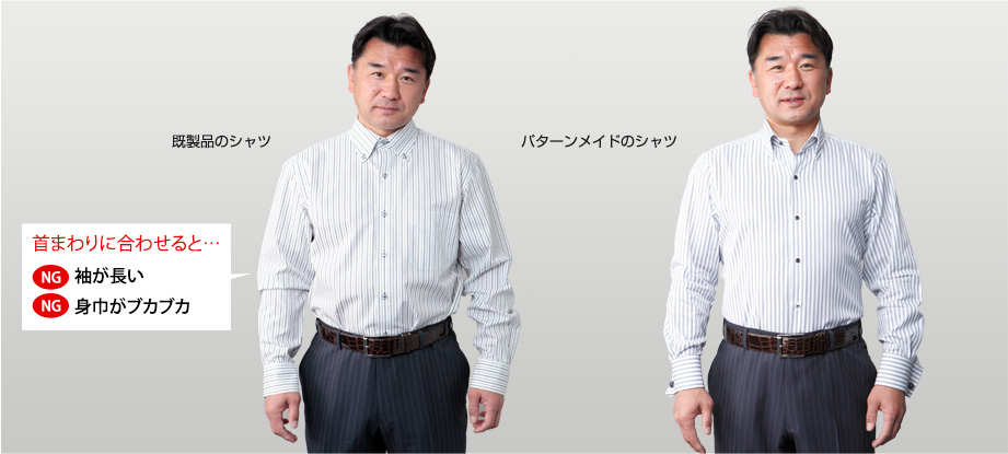 パターンメイドシャツを試す前：既製品のシャツ 首まわりに合わせると…「袖が長い」「身巾がブカブカ」
