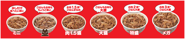 牛丼のサイズがミニからメガまで６種類もある！